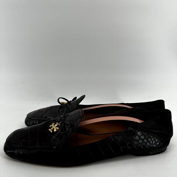 Tory Burch Charm Loafers Leather Collapsible Back Matte Croc Emboss Black 10 - Picture 4 of 8